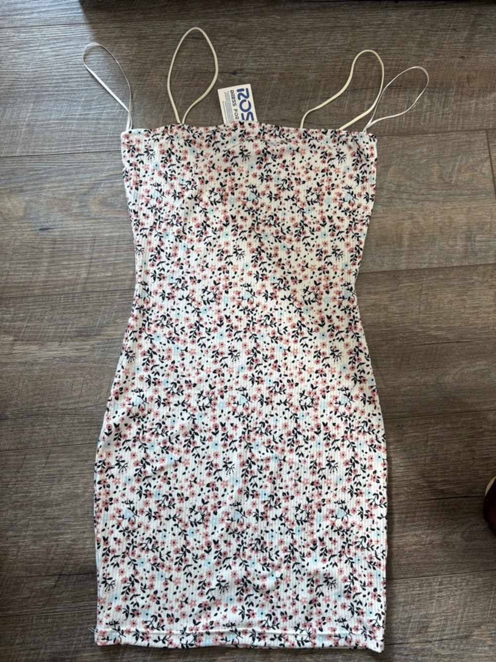 Love Tree White Floral Ribbed Slip Dress with Pink and Black Accents